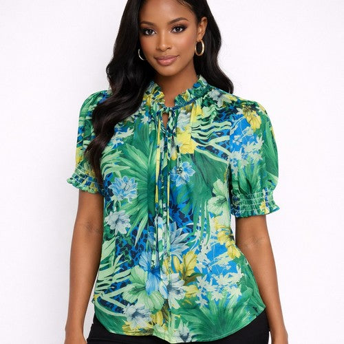 Tie Neck Stretch Chiffon Blouse in Green & Yellow Print