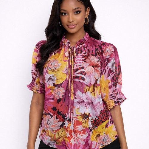 Tie Neck Stretch Chiffon Blouse in Pink Floral Print