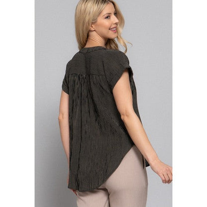 Split Neck Dolman Sleeve Stripe Shirt in Black/Taupe