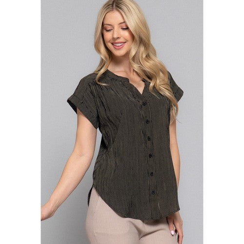 Split Neck Dolman Sleeve Stripe Shirt in Black/Taupe