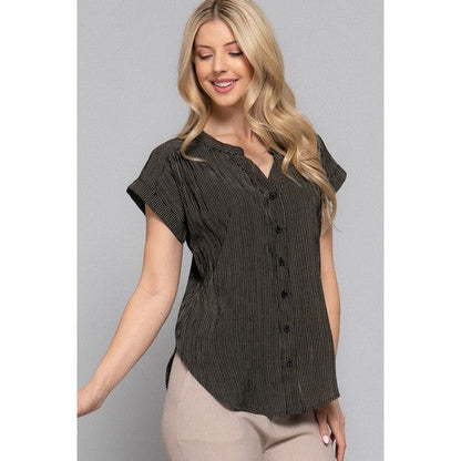 Split Neck Dolman Sleeve Stripe Shirt in Black/Taupe