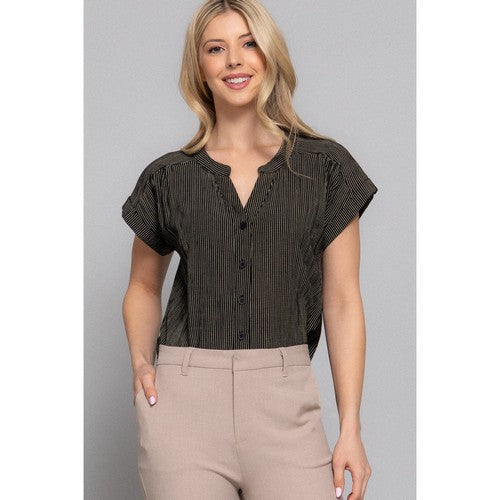 Split Neck Dolman Sleeve Stripe Shirt in Black/Taupe