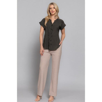 Split Neck Dolman Sleeve Stripe Shirt in Black/Taupe