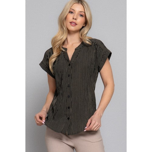 T14428 Split Neck Dolman Sleeve Stripe Shirt in Black/Taupe