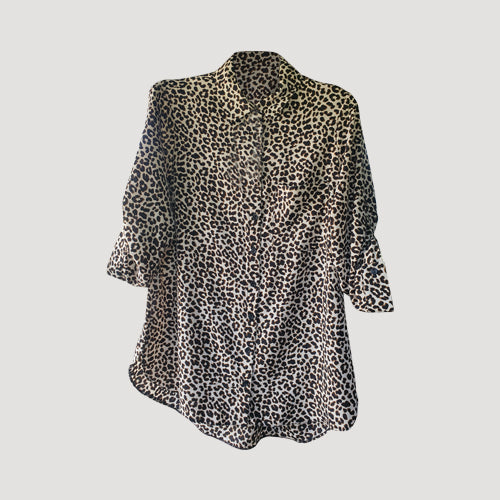 Longline Roll Sleeve Shirt in Brown Leopard Print