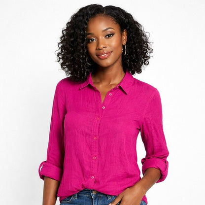 Longline Roll Sleeve Shirt in Fuchsia Linen