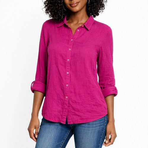 Longline Roll Sleeve Shirt in Fuchsia Linen