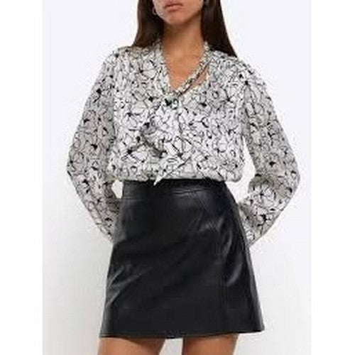 River Island Floral Print Pussy Bow Blouse in Ivory