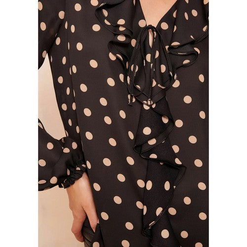 Friends Like These Frill Front Blouse in Black & Ivory Polka Dot