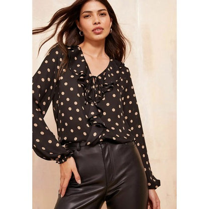 Friends Like These Frill Front Blouse in Black & Ivory Polka Dot