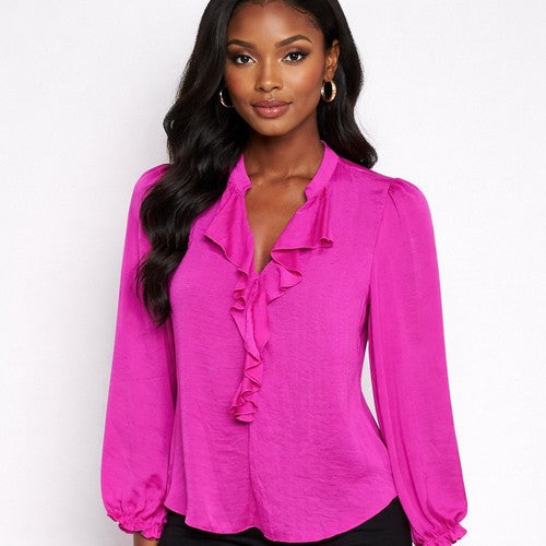 20113517 Friends Like These Frill Front Blouse in Fuchsia
