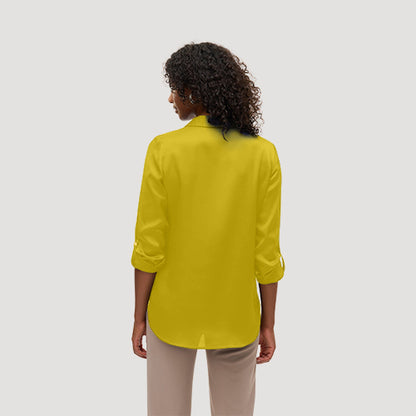 Gold Button Roll Sleeve Collarless Shirt in Mustard Sateen