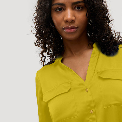 Gold Button Roll Sleeve Collarless Shirt in Mustard Sateen