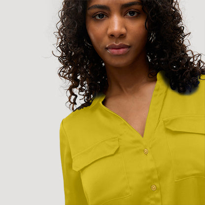 Gold Button Roll Sleeve Collarless Shirt in Mustard Sateen