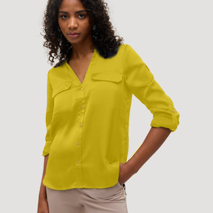 Gold Button Roll Sleeve Collarless Shirt in Mustard Sateen
