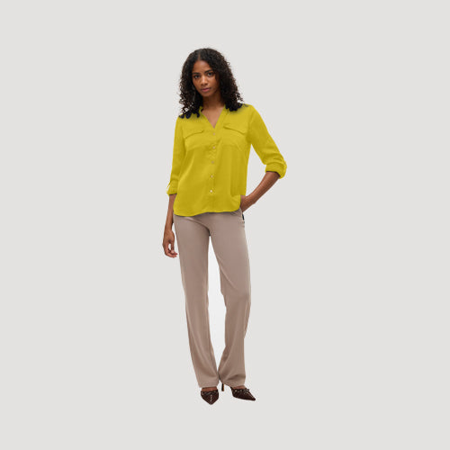 Gold Button Roll Sleeve Collarless Shirt in Mustard Sateen