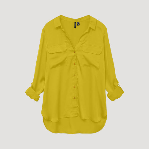 Gold Button Roll Sleeve Collarless Shirt in Mustard Sateen