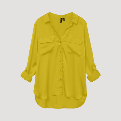 Gold Button Roll Sleeve Collarless Shirt in Mustard Sateen