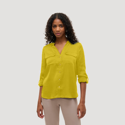 Gold Button Roll Sleeve Collarless Shirt in Mustard Sateen