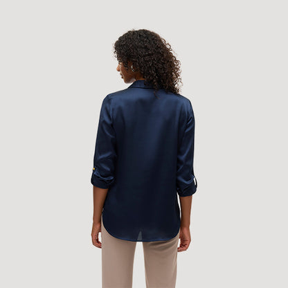 Gold Button Roll Sleeve Collarless Shirt in Navy Satin