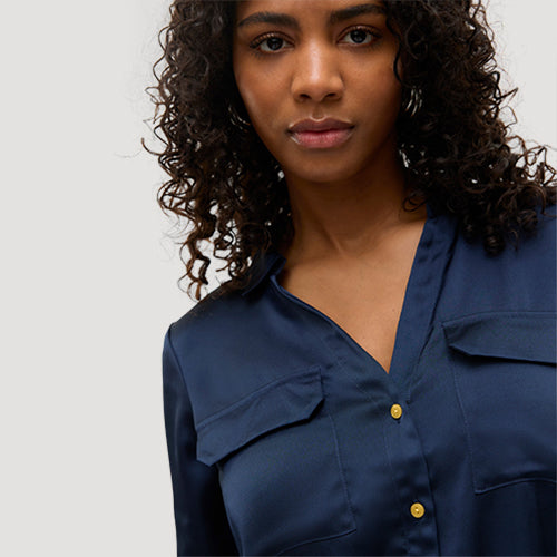 Gold Button Roll Sleeve Collarless Shirt in Navy Satin