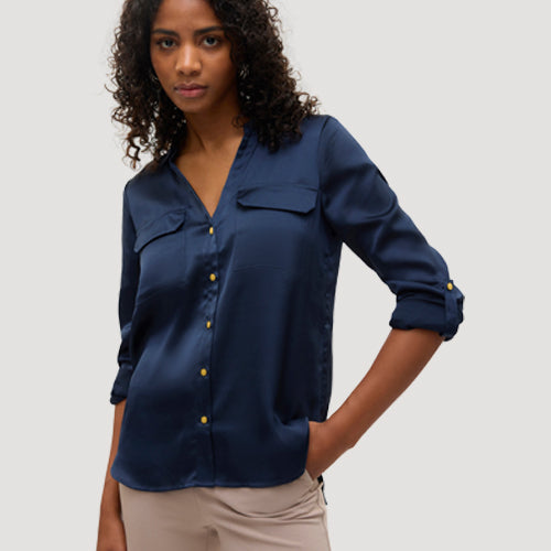 Gold Button Roll Sleeve Collarless Shirt in Navy Satin
