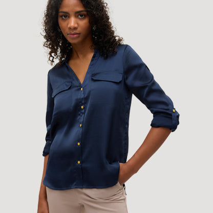 Gold Button Roll Sleeve Collarless Shirt in Navy Satin