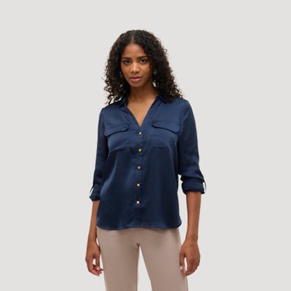 Gold Button Roll Sleeve Collarless Shirt in Navy Satin