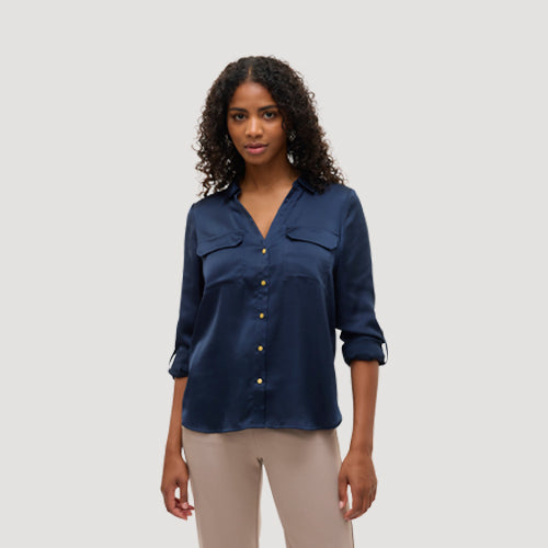 Gold Button Roll Sleeve Collarless Shirt in Navy Satin
