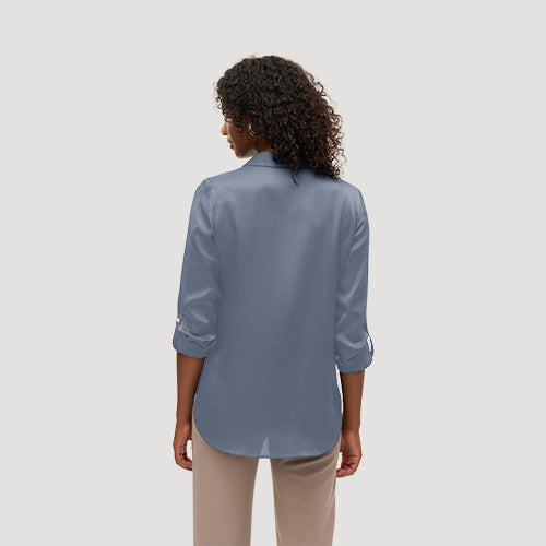 Gold Button Roll Sleeve Collarless Shirt in Pale Blue Sateen