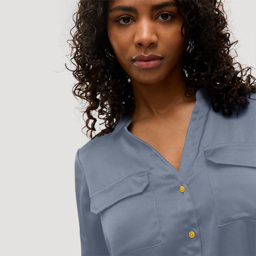 Gold Button Roll Sleeve Collarless Shirt in Pale Blue Sateen