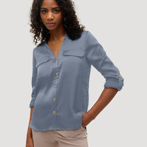 Gold Button Roll Sleeve Collarless Shirt in Pale Blue Sateen