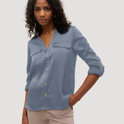 Gold Button Roll Sleeve Collarless Shirt in Pale Blue Sateen