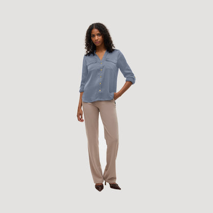 Gold Button Roll Sleeve Collarless Shirt in Pale Blue Sateen