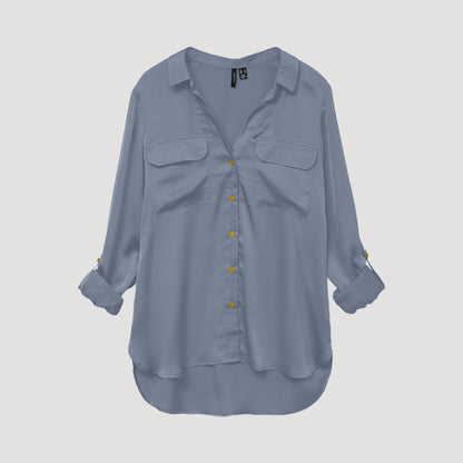 Gold Button Roll Sleeve Collarless Shirt in Pale Blue Sateen
