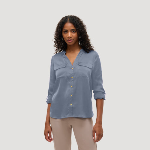 Gold Button Roll Sleeve Collarless Shirt in Pale Blue Sateen