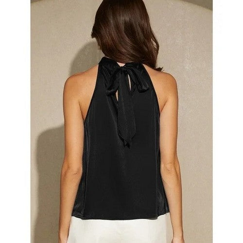 Satin Tie Neck Halter Blouse in Black