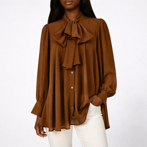 Pussy Bow Bell Shape Blouse in Light Brown