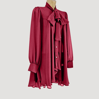 Pussy Bow Bell Shape Blouse in Magenta Satin