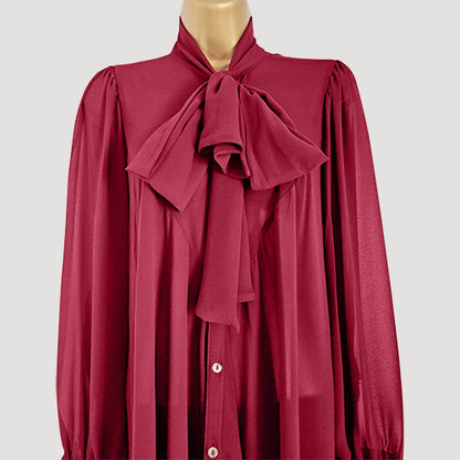 Pussy Bow Bell Shape Blouse in Magenta Satin