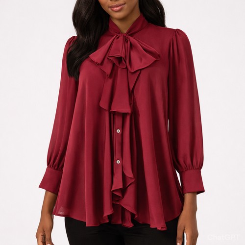 Pussy Bow Bell Shape Blouse in Magenta Satin
