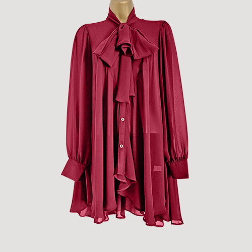 Pussy Bow Bell Shape Blouse in Magenta Satin