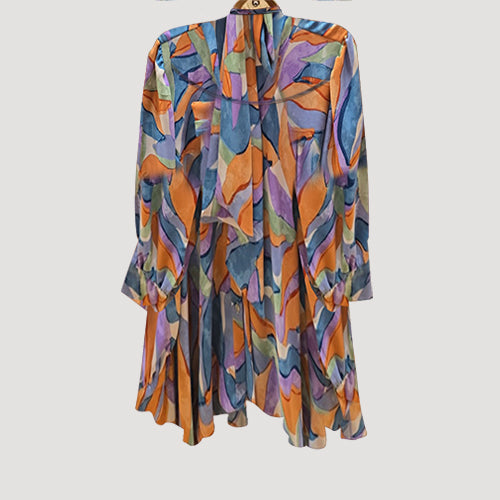 Pussy Bow Bell Shape Blouse in Blue & Purple Print