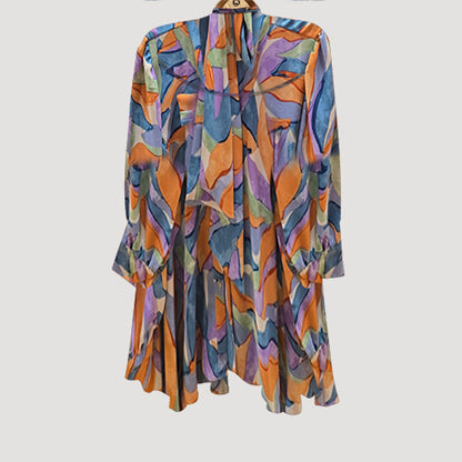 Pussy Bow Bell Shape Blouse in Blue & Purple Print