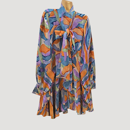 Pussy Bow Bell Shape Blouse in Blue & Purple Print