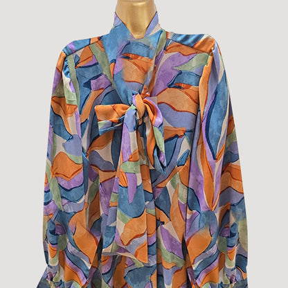 Pussy Bow Bell Shape Blouse in Blue & Purple Print