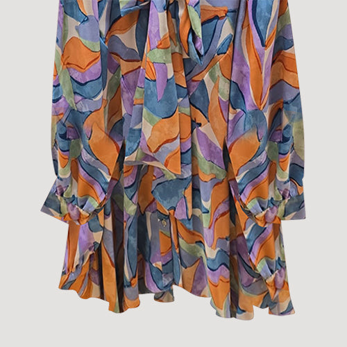 Pussy Bow Bell Shape Blouse in Blue & Purple Print