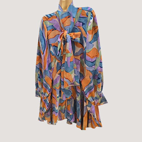 Pussy Bow Bell Shape Blouse in Blue & Purple Print