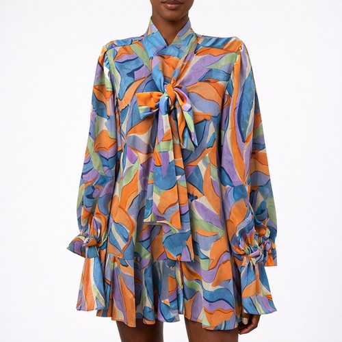 Pussy Bow Bell Shape Blouse in Blue & Purple Print