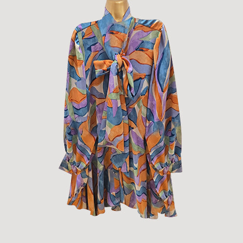 Pussy Bow Bell Shape Blouse in Blue & Purple Print